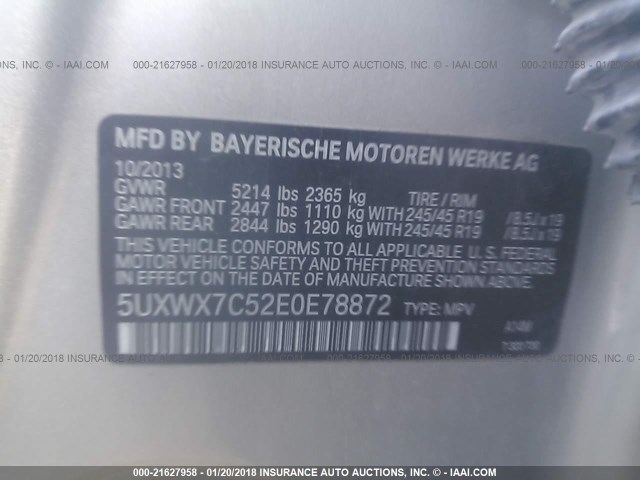 5UXWX7C52E0E78872 - 2014 BMW X3 XDRIVE35I SILVER photo 9
