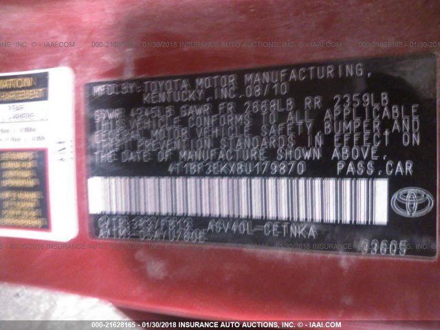 4T1BF3EKXBU179870 - 2011 TOYOTA CAMRY SE/LE/XLE RED photo 9
