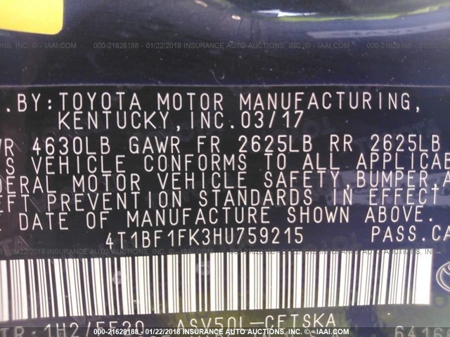 4T1BF1FK3HU759215 - 2017 TOYOTA CAMRY LE/XLE/SE/XSE BLACK photo 9