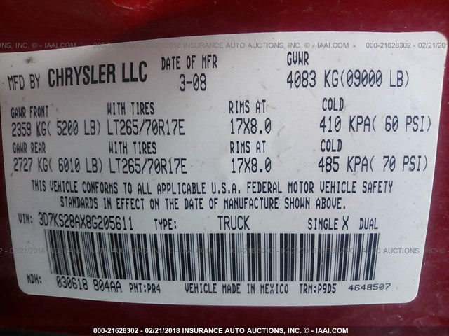 3D7KS28AX8G205611 - 2008 DODGE RAM 2500 ST/SLT 红色 照片 9