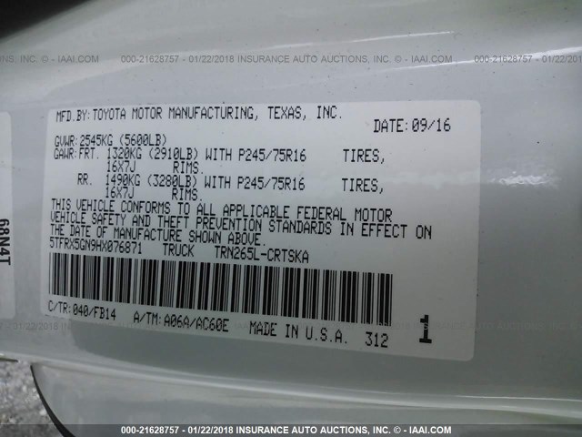 5TFRX5GN9HX076871 - 2017 TOYOTA TACOMA ACCESS CAB/SR/SR5 თეთრი ფოტო 9