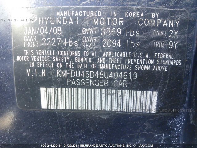 KMHDU46D48U404619 - 2008 HYUNDAI ELANTRA GLS/SE/LIMITED BLUE photo 9