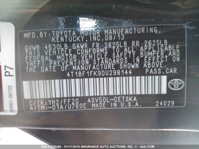 4T1BF1FK9DU298144 - 2013 TOYOTA CAMRY L/SE/LE/XLE 黑色 照片 9