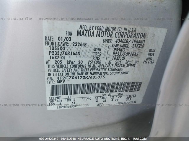 4F2CZ06173KM35075 - 2003 MAZDA TRIBUTE ES 银色 照片 9