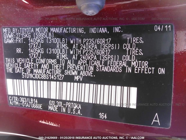 5TDYK3DC8BS145127 - 2011 TOYOTA SIENNA XLE/LIMITED RED photo 9