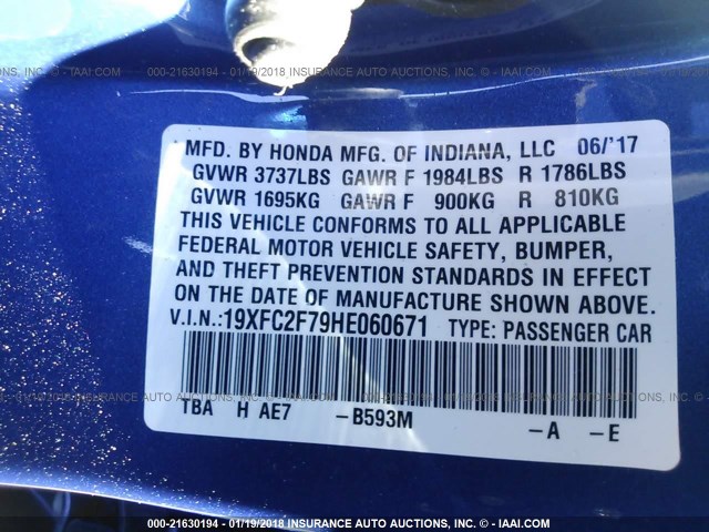 19XFC2F79HE060671 - 2017 HONDA CIVIC EX BLUE photo 9