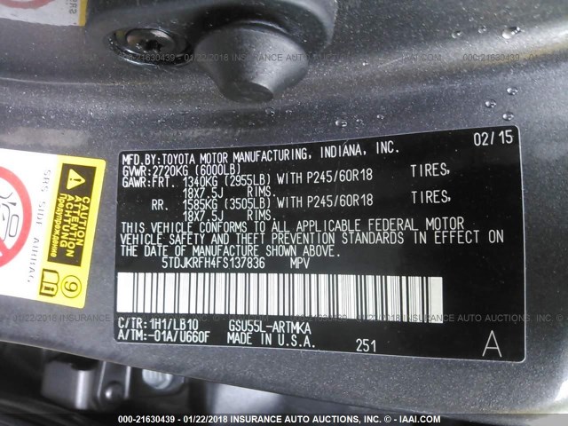 5TDJKRFH4FS137836 - 2015 TOYOTA HIGHLANDER XLE Մոխրագույն լուսանկար 9