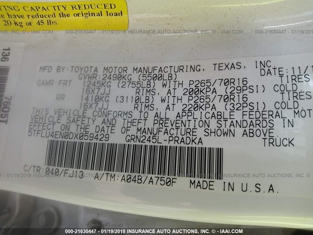 5TFLU4EN0DX059429 - 2013 TOYOTA TACOMA DOUBLE CAB თეთრი ფოტო 9