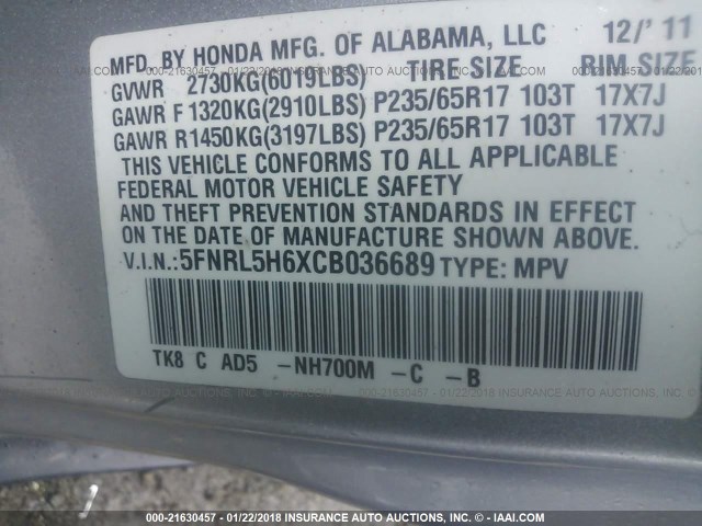 5FNRL5H6XCB036689 - 2012 HONDA ODYSSEY EXL ვერცხლისფერი ფოტო 9