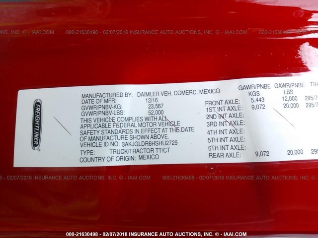 3AKJGLDR6HSHU2729 - 2017 FREIGHTLINER CASCADIA 125  RED photo 10