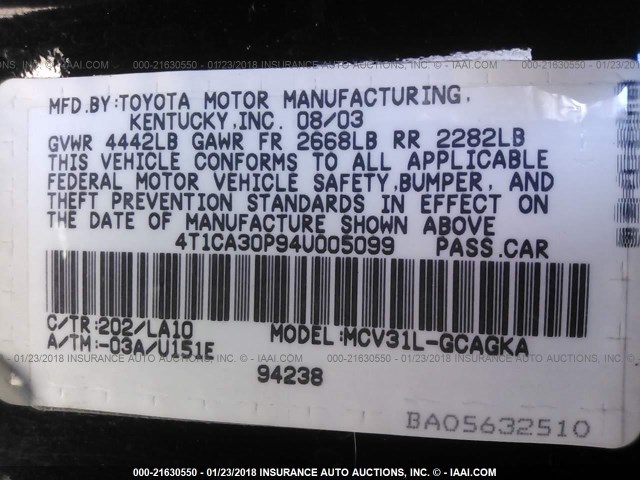 4T1CA30P94U005099 - 2004 TOYOTA CAMRY SOLARA SE/SLE BLACK photo 9