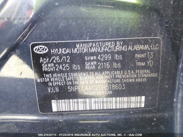 5NPEC4AC2DH518603 - 2013 HYUNDAI SONATA SE/LIMITED BLACK photo 9