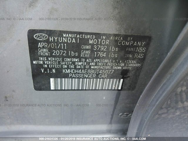 KMHDH4AE8BU145077 - 2011 HYUNDAI ELANTRA GLS/LIMITED GRAY photo 9