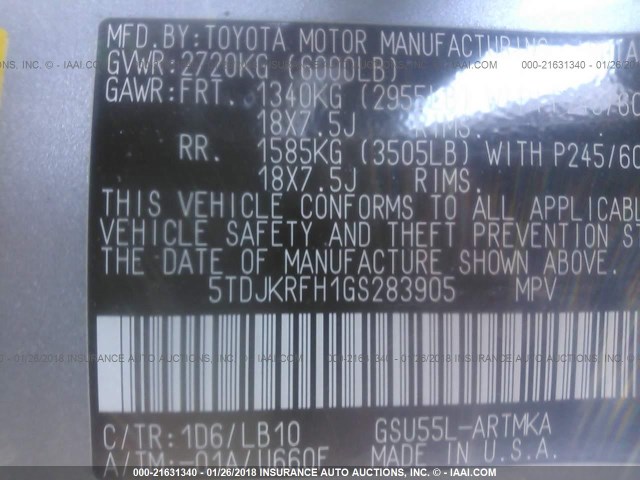 5TDJKRFH1GS283905 - 2016 TOYOTA HIGHLANDER XLE ვერცხლისფერი ფოტო 9