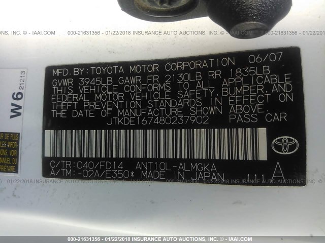 JTKDE167480237902 - 2008 TOYOTA SCION TC 白色 照片 9