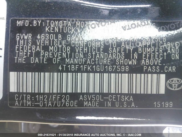 4T1BF1FK1GU167598 - 2016 TOYOTA CAMRY LE/XLE/SE/XSE Bleu photo 9