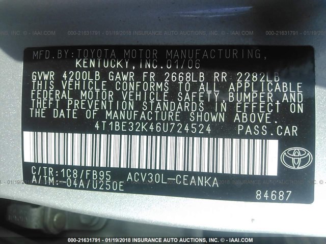 4T1BE32K46U724524 - 2006 TOYOTA CAMRY LE/XLE/SE SILVER photo 9