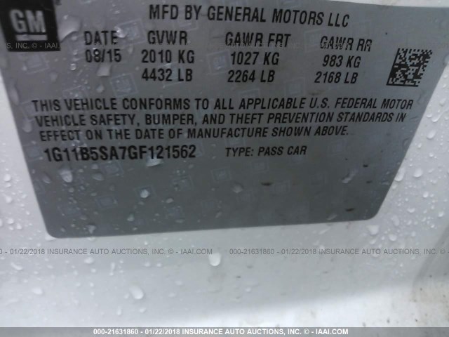 1G11B5SA7GF121562 - 2016 CHEVROLET MALIBU LIMITED LS WHITE photo 9