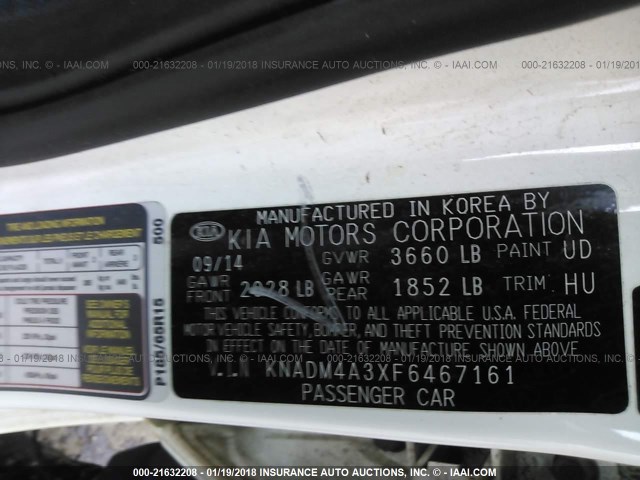 KNADM4A3XF6467161 - 2015 KIA RIO LX WHITE photo 9