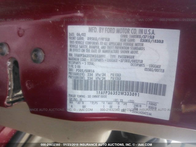 1FAFP36352W333891 - 2002 FORD FOCUS SE/SE COMFORT/ZTW/SE SPRT MAROON photo 9