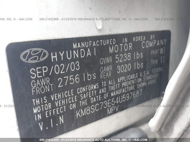 KM8SC73E54U597687 - 2004 HYUNDAI SANTA FE GLS/LX WHITE photo 9