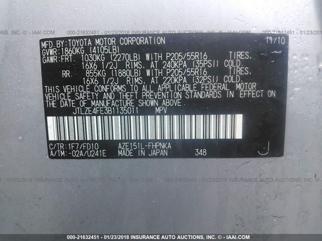 JTLZE4FE3B1135011 - 2011 TOYOTA SCION XB ვერცხლისფერი ფოტო 9