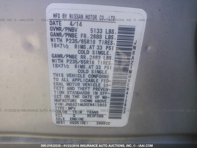 JN8AZ1MUXEW412903 - 2014 NISSAN Murano S/SL/SV/LE SILVER photo 9