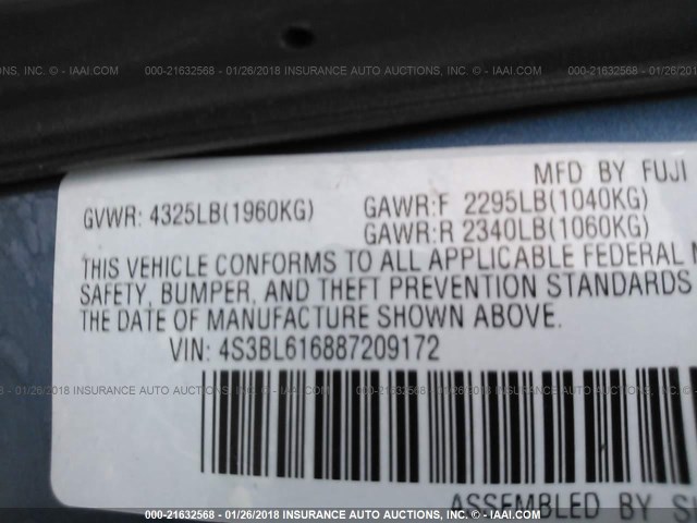 4S3BL616887209172 - 2008 SUBARU LEGACY 2.5I BLUE photo 9