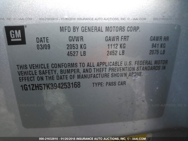 1G1ZH57K394253168 - 2009 CHEVROLET MALIBU 1LT 银色 照片 9