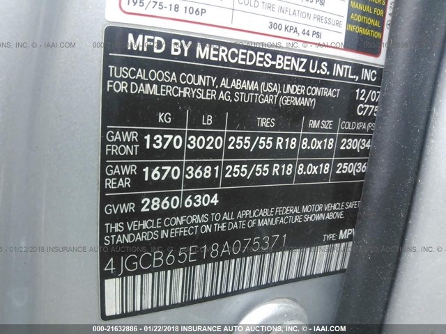 4JGCB65E18A075371 - 2008 MERCEDES-BENZ R 350 SILVER photo 9