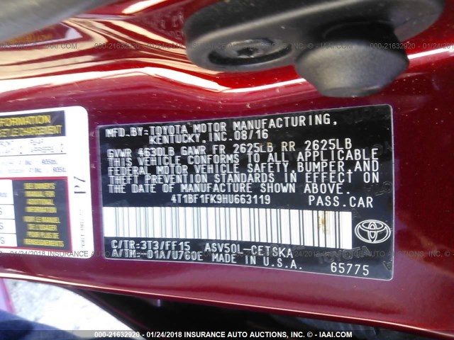 4T1BF1FK9HU663119 - 2017 TOYOTA CAMRY LE/XLE/SE/XSE BURGUNDY photo 9