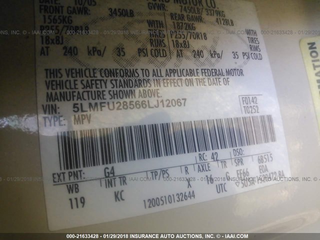 5LMFU28566LJ12067 - 2006 LINCOLN NAVIGATOR WHITE photo 9