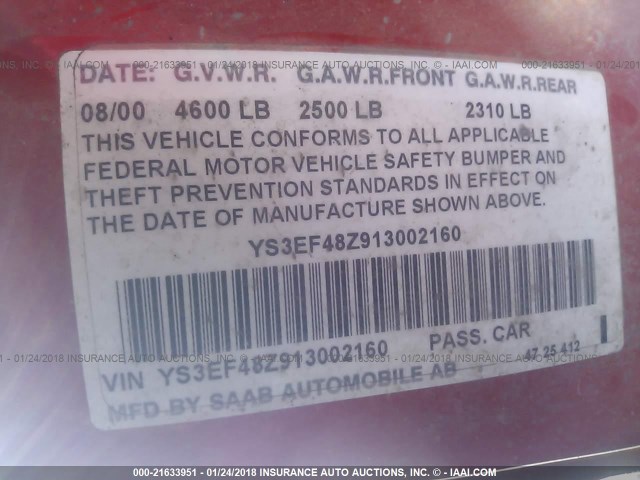 YS3EF48Z913002160 - 2001 SAAB 9-5 SE RED photo 9