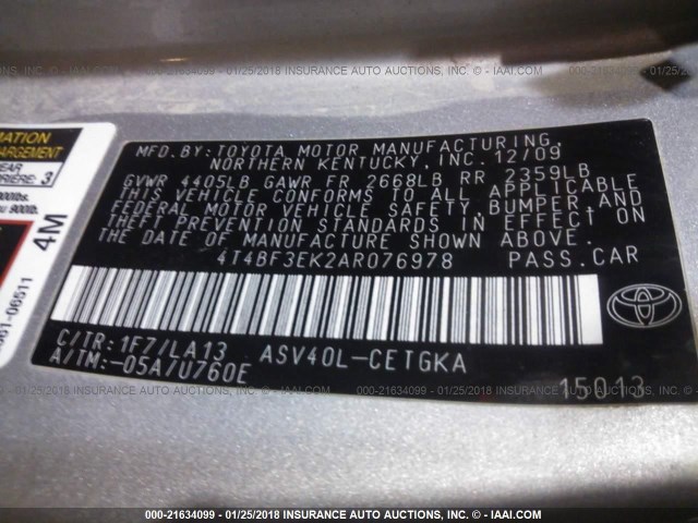 4T4BF3EK2AR076978 - 2010 TOYOTA CAMRY SE/LE/XLE 银色 照片 9