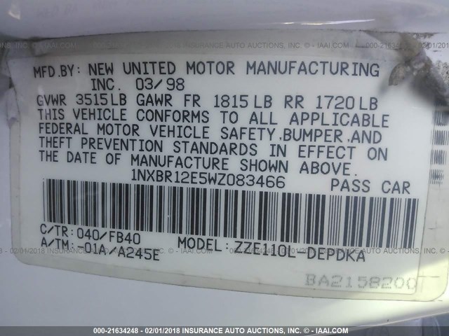 1NXBR12E5WZ083466 - 1998 TOYOTA COROLLA VE/CE/LE 白色 照片 9