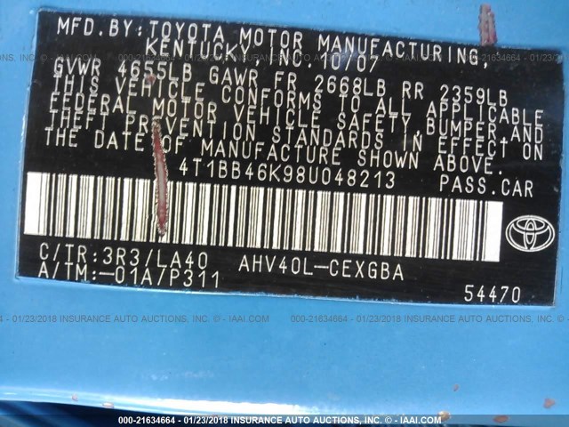 4T1BB46K98U048213 - 2008 TOYOTA CAMRY HYBRID BLUE photo 9