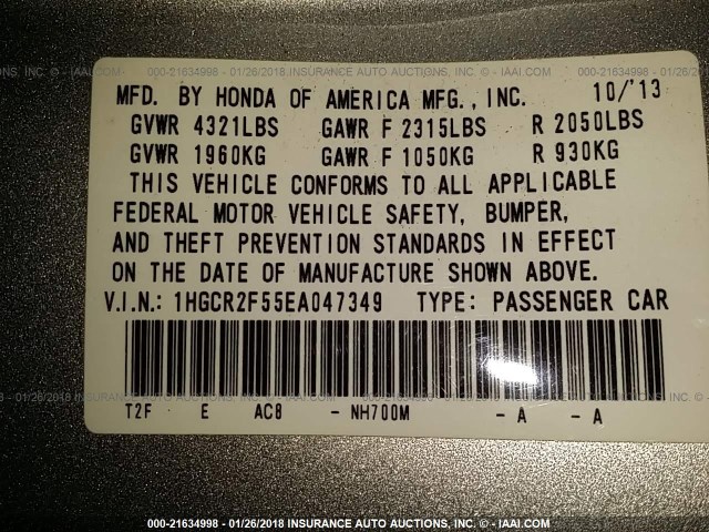 1HGCR2F55EA047349 - 2014 HONDA ACCORD SPORT SILVER photo 9