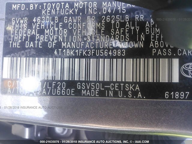 4T1BK1FK3FU564983 - 2015 TOYOTA CAMRY XSE/XLE Boz foto 9