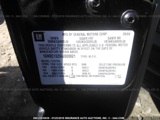 1GNEC13Z94J300821 - 2004 CHEVROLET TAHOE C1500 BLACK photo 9