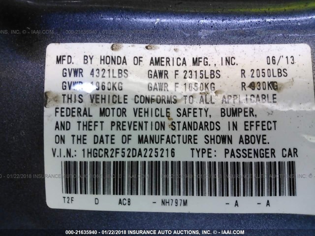 1HGCR2F52DA225216 - 2013 HONDA ACCORD SPORT 灰色 照片 9