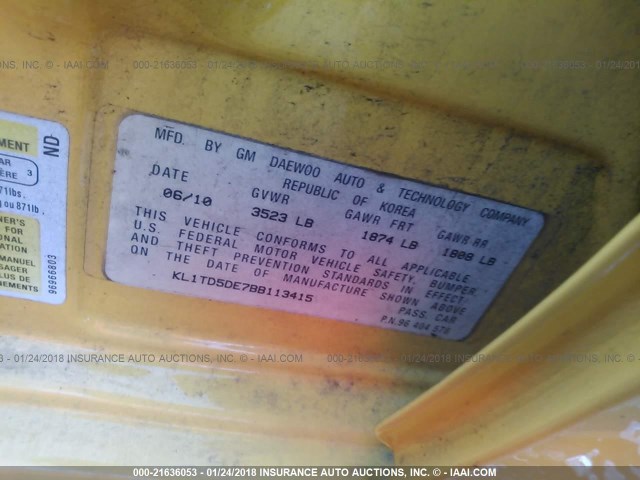 KL1TD5DE7BB113415 - 2011 CHEVROLET AVEO LS/LT 黄色 照片 9