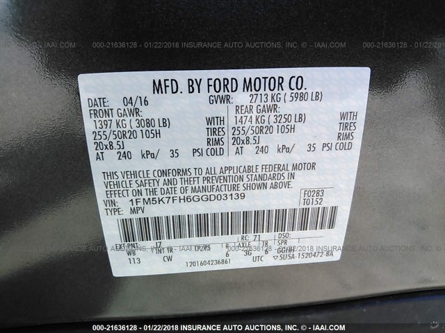 1FM5K7FH6GGD03139 - 2016 FORD EXPLORER LIMITED GRAY photo 9