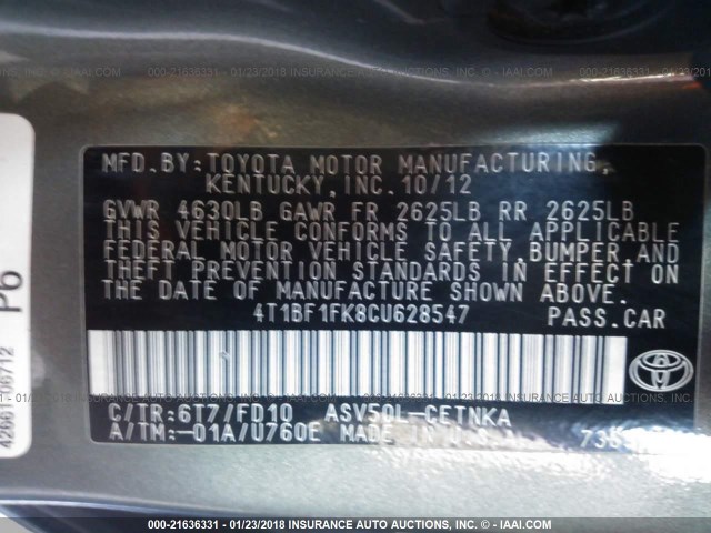 4T1BF1FK8CU628547 - 2012 TOYOTA CAMRY SE/LE/XLE GRAY photo 9