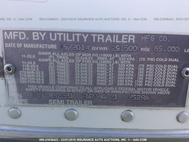 1UYVS2531FU234021 - 2015 UTILITY TRAILER MFG REEFER  WHITE photo 9