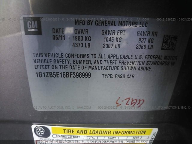 1G1ZB5E16BF398999 - 2011 CHEVROLET MALIBU LS 深棕色 照片 9