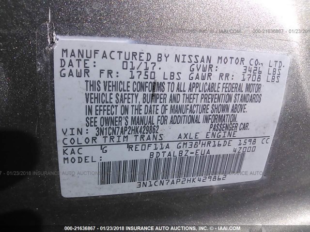 3N1CN7AP2HK429862 - 2017 NISSAN VERSA S/S PLUS/SV/SL GRAY photo 9