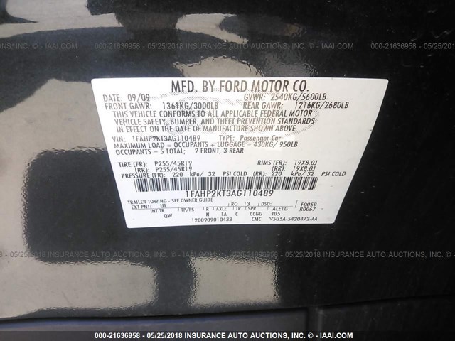 1FAHP2KT3AG110489 - 2010 FORD TAURUS SHO BLACK photo 9