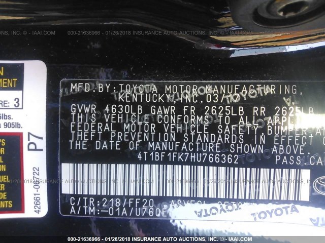 4T1BF1FK7HU766362 - 2017 TOYOTA CAMRY LE/XLE/SE/XSE BLACK photo 9