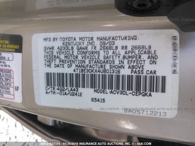 4T1BE30KX4U801316 - 2004 TOYOTA CAMRY LE/XLE/SE ბეჟი ფოტო 9