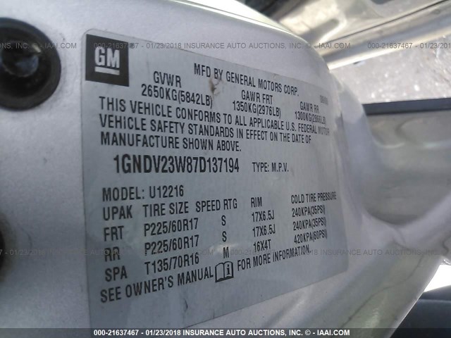 1GNDV23W87D137194 - 2007 CHEVROLET UPLANDER LS GRAY photo 9
